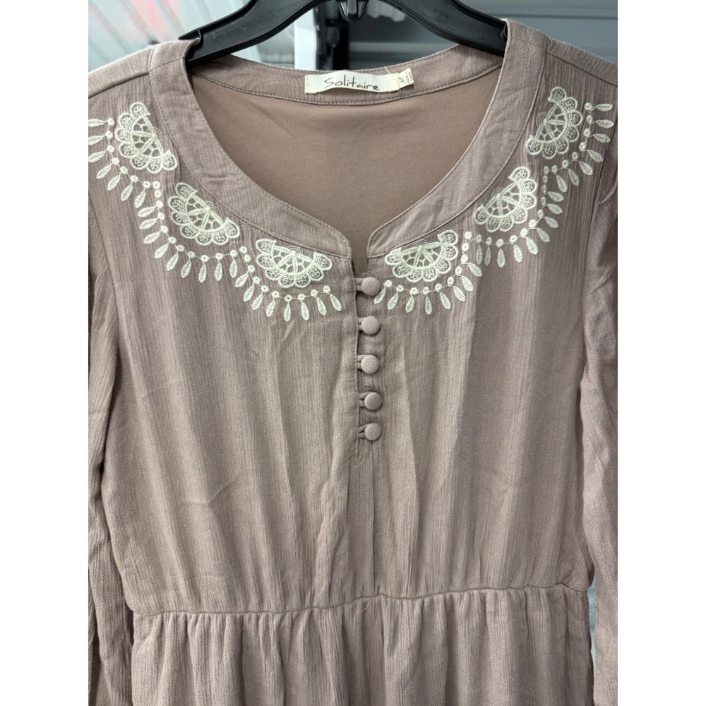Solitaire Mauve Embroidered Boho Midi Dress 3/4 Sleeve Ruffle Hem Women's Medium